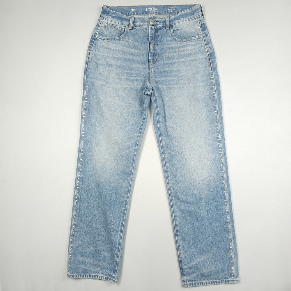 J Crew Slouchy Jeans Women 28 Light Wash Denim Rhinestones Baggy